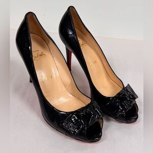 Christian Louboutin black patent leather open toe high heels,  size 39.